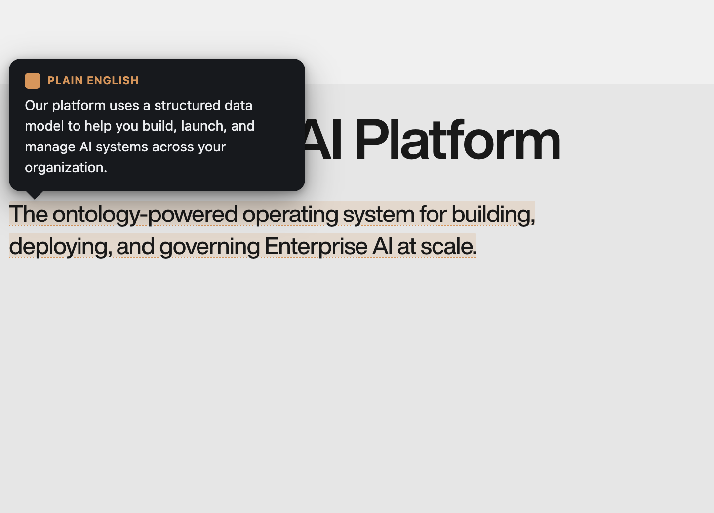 Buzzword Decoder tooltip translating 'ontology-powered operating system' into plain English